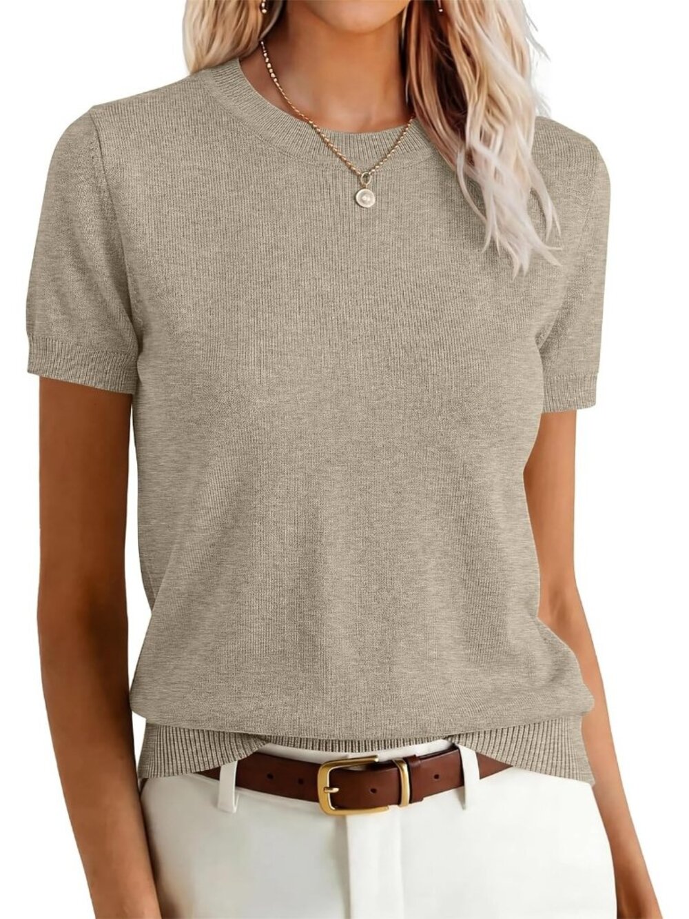 Women's Almond Wool Blend Crew Neck Short Sleeve Casual Pull On Sweater